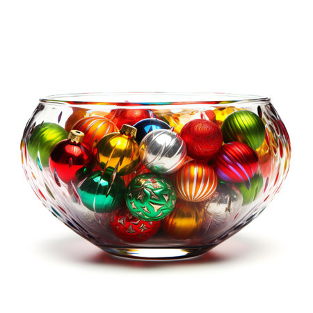 Glass bowl with christmas baubles isolated on white background.の素材