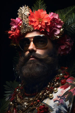Portrait of a bearded man with a wreath of flowers on his head.の素材