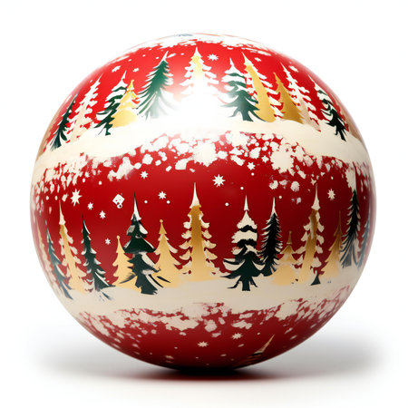 Christmas ball with fir trees and snowflakes isolated on white backgroundの素材