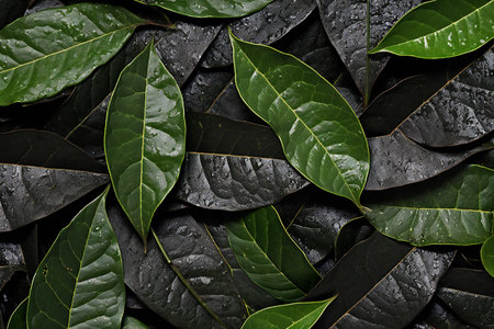 Green leaves background. Top view. Flat lay. Nature concept.の素材