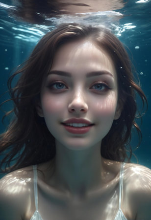 portrait of a beautiful girl underwater in the water, close-upの素材