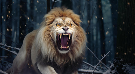 Lion in the winter forest. Big male lion with open mouthの素材