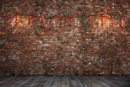 Red brick wall with christmas lights and wooden floor.の素材