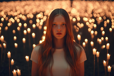 Young girl in a field of candles. A girl in a white T-shirt stands among the burning candles.の素材