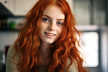 Close-up portrait of beautiful young woman with red hair looking at camera.の素材