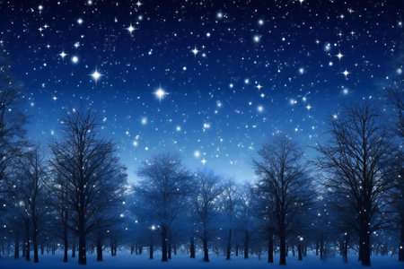 Winter forest at night with stars and snowflakes in the skyの素材