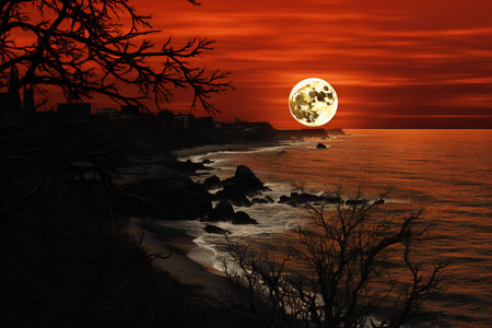 Sunset over the sea and a tree.の素材
