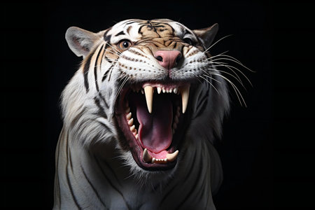 Portrait of a tiger with open mouth on a black background.の素材