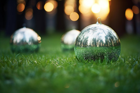 Christmas balls on green grass with bokeh lights in the backgroundの素材