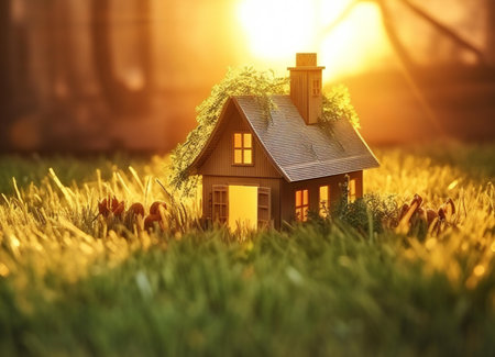 Miniature house in the meadow at sunset, real estate conceptの素材