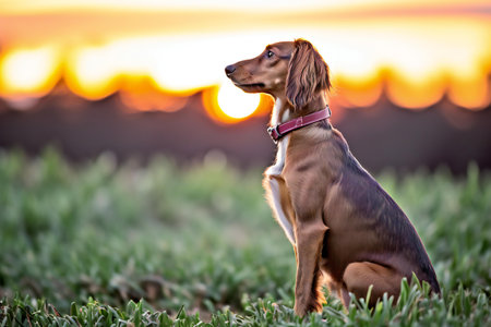 Adorable Miniature Dachshund dog sitting in the grass at sunsetの素材