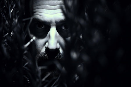 Close-up portrait of a scary man with a beard and moustache in the darkの素材