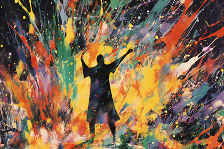 Silhouette of a dancing girl on the background of splashes of paintの素材