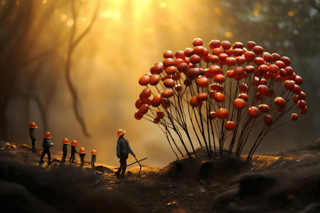 Miniature people working in the forest. Teamwork concept. Selective focus.の素材