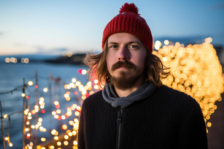 Portrait of a handsome young man with a beard and mustache in a red cap on the background of the sea and lightsの素材