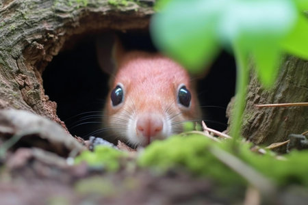 Close-up of a red mouse peeking out of a hole in a treeの素材