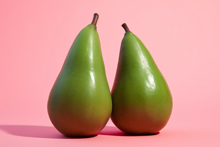 Pair of green pears isolated on pink background, studio shotの素材