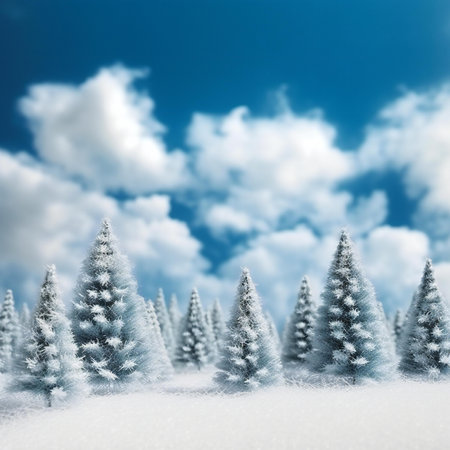 Winter background with fir trees in the snow and blue sky with cloudsの素材