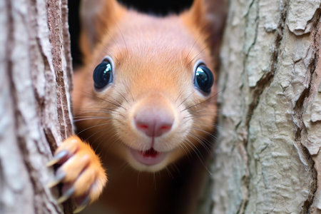 Portrait of a red squirrel on a tree in the park.の素材