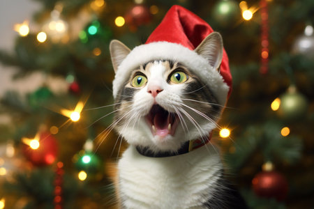 Cute cat in Santa Claus hat near Christmas tree on blurred backgroundの素材