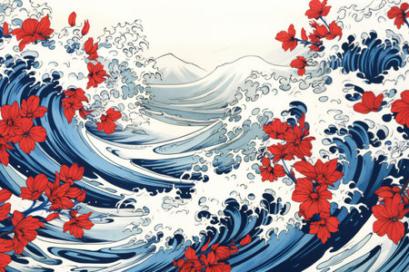 Illustration of red flowers and mountains on the background of the seaの素材