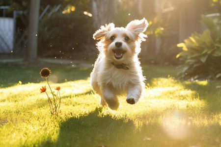 Cute mixed breed dog running in the garden with sun flare.の素材