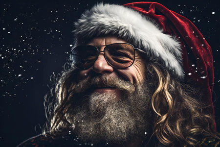 Santa Claus with long white beard and stylish hair on dark background studio portraitの素材