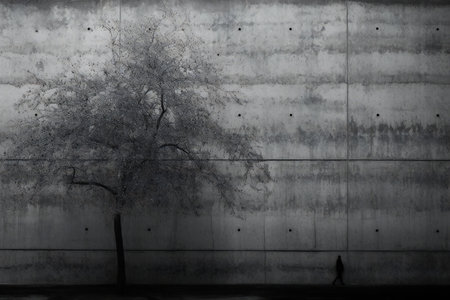 A black and white image of a tree on a concrete wall.の素材