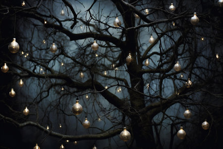 Christmas lights on tree branches in dark forest. Christmas and New Year backgroundの素材