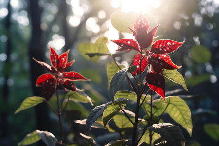 Red leaves in the morning sunlight. Beautiful nature background with copy space.の素材