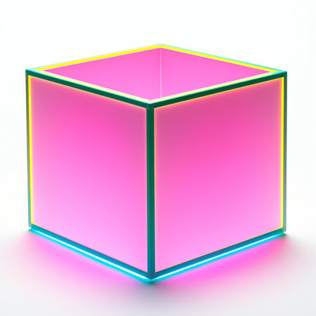 cube with neon light on a white background.の素材