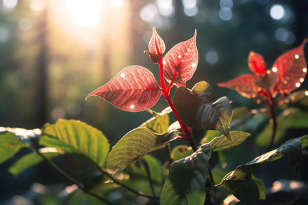 Beautiful red leaves with sunlight in the morning. Natural background.