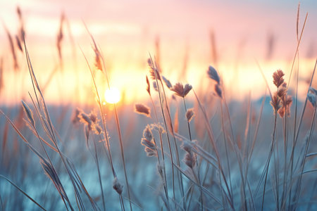 Frosted grass at sunset. Beautiful natural background. Toned.の素材