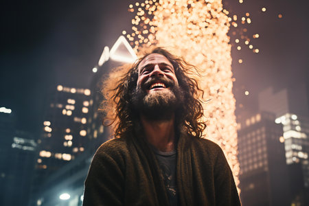 Portrait of a handsome man with long hair dancing in the cityの素材