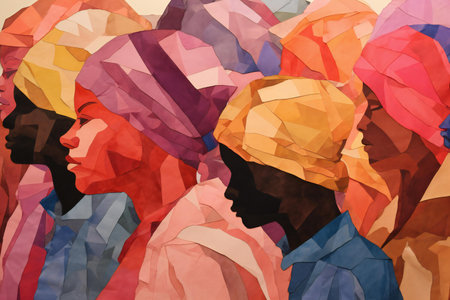 Silhouettes of a group of people in multicolored paper.の素材