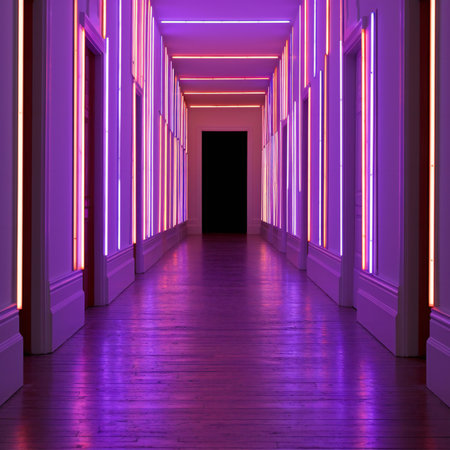 Purple corridor with glowing neon lights,の素材