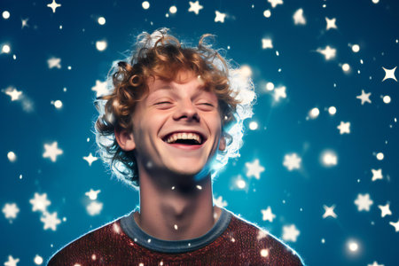 Portrait of a happy young man on a blue background with starsの素材