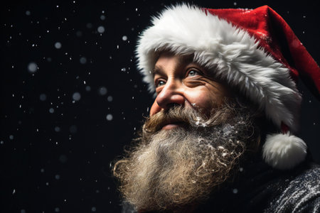 close-up portrait of a bearded man with a long beard and a red cap of Santa Claus on a black background studioの素材