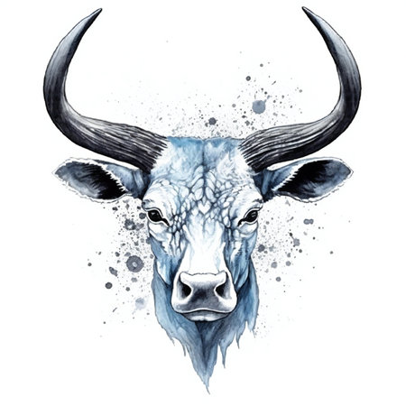 Watercolor bull head with grunge splashes. Hand drawn illustrationの素材