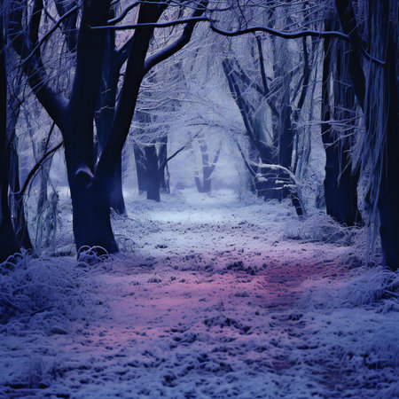 Winter forest at night with a path in the snow. Magical atmosphereの素材