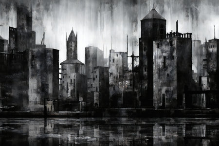 Digital painting of a city in a foggy day. Black and white illustrationの素材