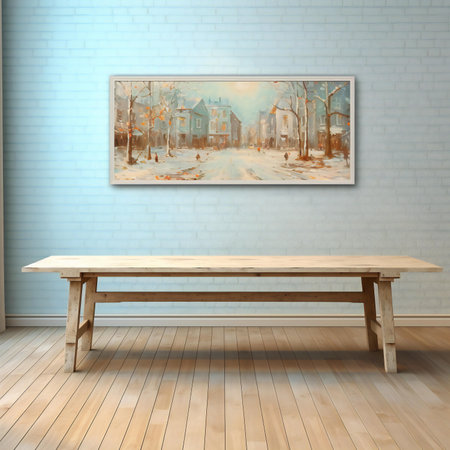 a wooden bench in a room with a picture on the wallの素材