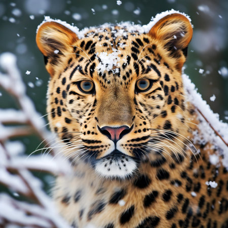 Portrait of a leopard in the snowy forest. Animal in winter.の素材
