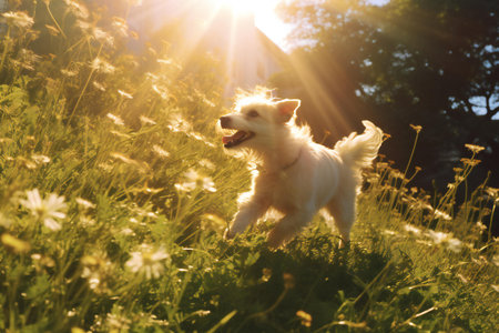 Pomeranian dog running in the meadow at sunset. Cute white dog with long hair.の素材