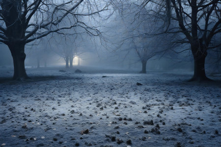 Mysterious foggy forest at night with old trees and lightsの素材