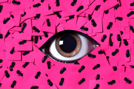 Close up of human eye with question marks on pink paper background.の素材
