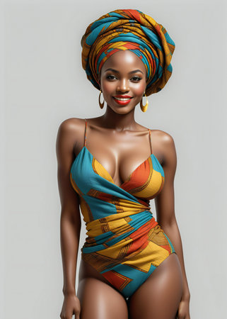 Beautiful african american woman in swimsuit and turbanの素材