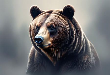 Portrait of a grizzly bear on a gray backgroundの素材