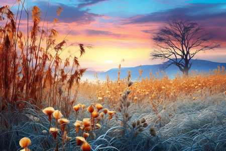 Sunrise in the meadow with golden grass and dry tree.の素材