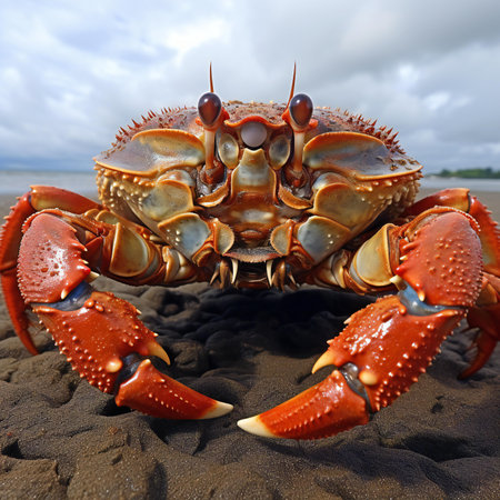 Crab on the beach. Close-up of a red crab.の素材